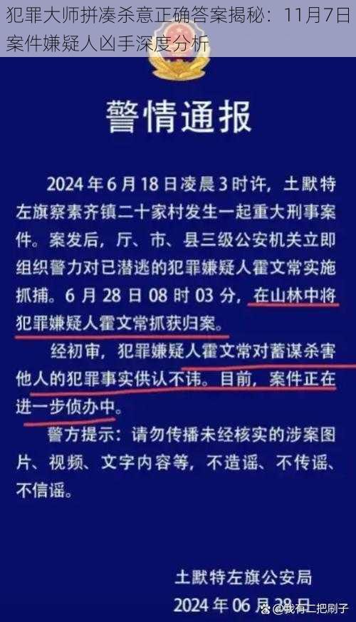 犯罪大师拼凑杀意正确答案揭秘：11月7日案件嫌疑人凶手深度分析