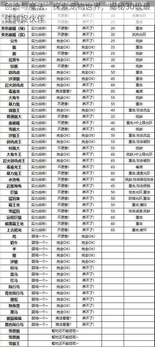 创造与魔法：探索宠物世界，揭秘30级最佳捕捉伙伴